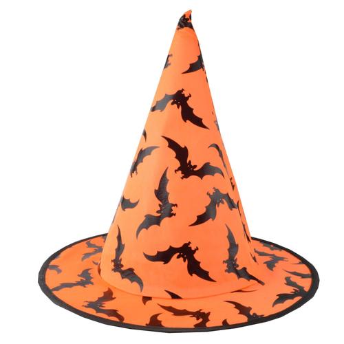 跨境万圣节装饰女巫帽成人儿童巫婆头饰装扮橙色蝙蝠图案巫婆帽子