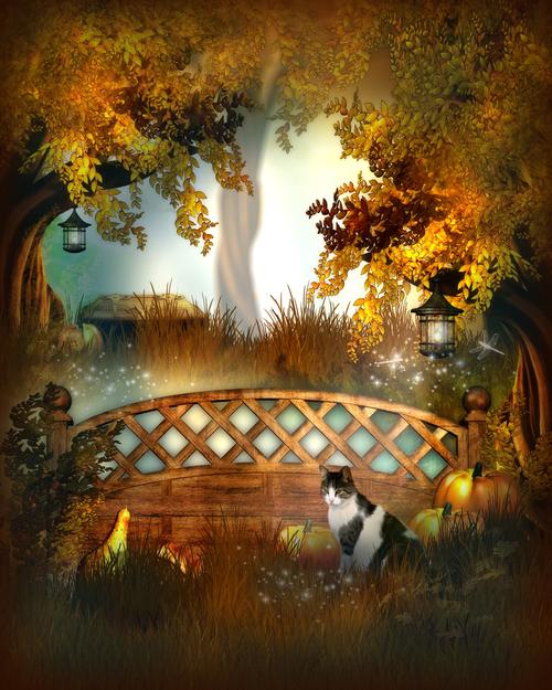 梦幻童话森林中漂亮的小屋故事背景图片
