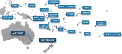 资料图:图为外媒报道的南太平洋(south pacific)国家地理位置示意图.
