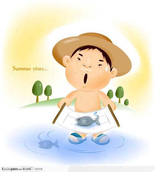 小胖孩插画之夏天在河里捕鱼的小男孩