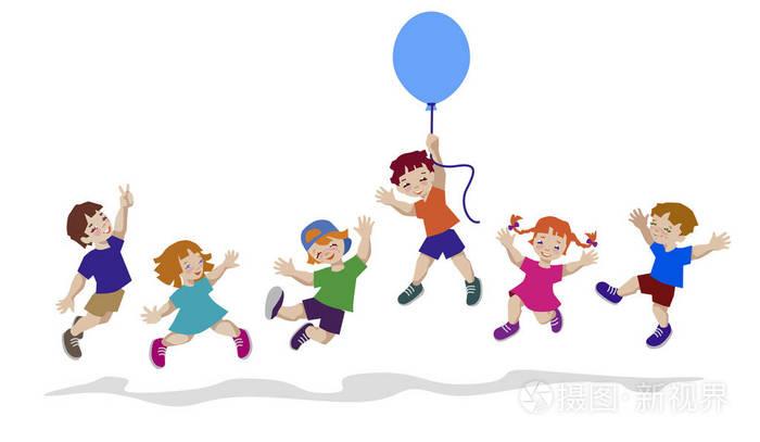 快乐孩子跳在一起的矢量插图.