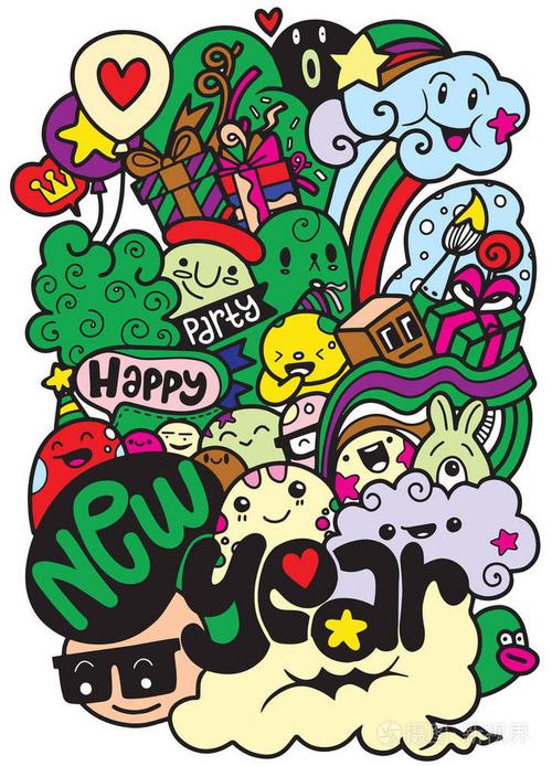 矢量线艺术涂鸦怪兽的对象和符号在新年快乐的主题, 矢量插图的涂鸦