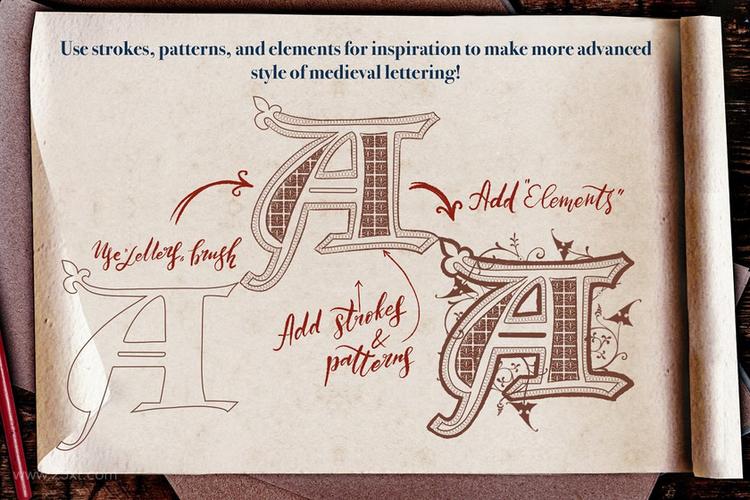 华丽的中世纪手稿风格procreate文字笔刷素材