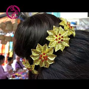 泰国头饰 傣族头花 金色簪子 泰国金属合金发梳五5朵金花 民族风