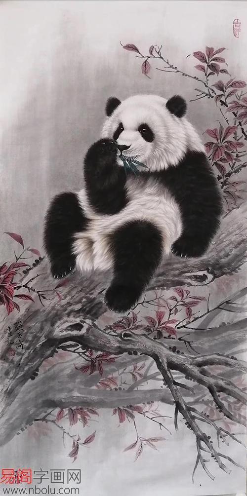 儿童卧室挂画精品 张玉涛工笔动物画熊猫《国宝熊猫》(作品来源:易阁