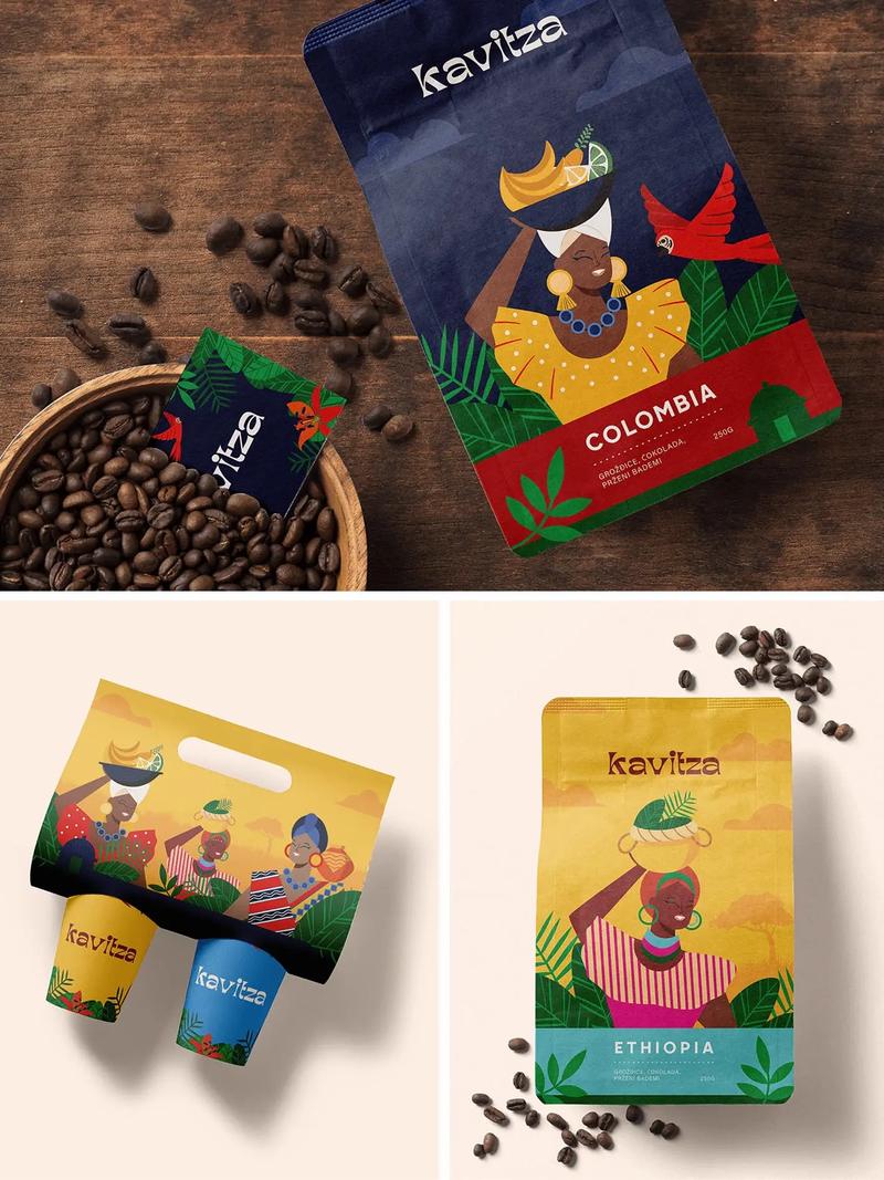 咖啡品牌插画包装设计咖啡豆插画标签设计