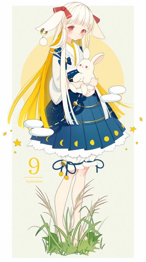 1到12月的拟人卡通画,画风可爱又很精致.9月份的白兔女孩.
