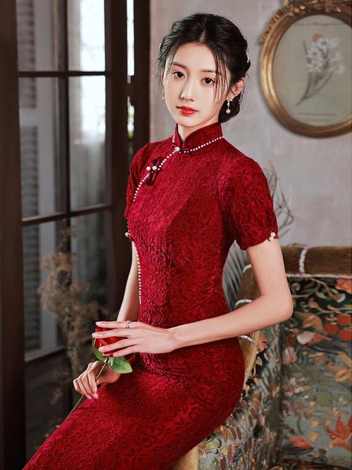 旗袍敬酒服新娘2022新款夏季珍珠红色回门礼服订婚连衣裙平时可穿
