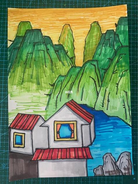 山水画结课作业六年级学生美术课学习绘制"中国山水画"儿童绘画教学