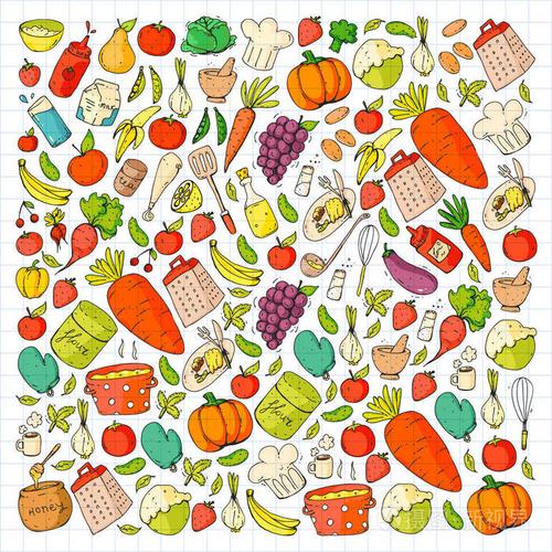 插画 饮食 健康的食物和烹饪.水果,蔬菜,家庭.涂鸦向量集.eps