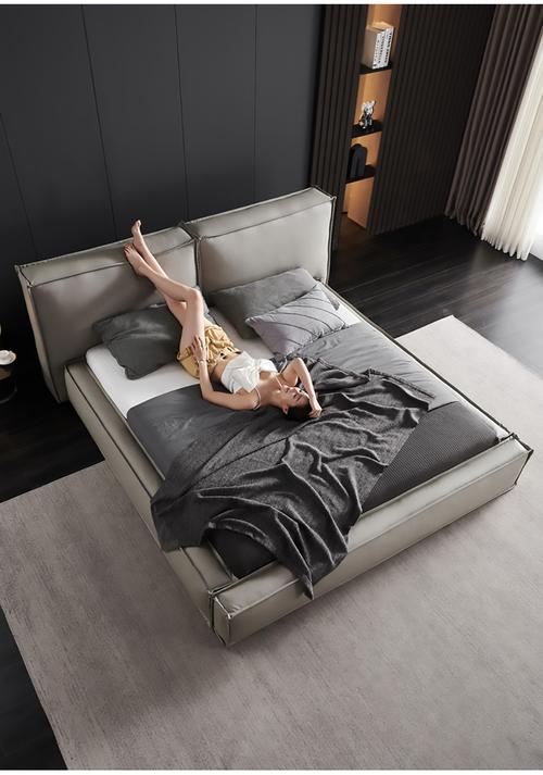【买床送床垫】现代海马 床 豆腐块床落地嵌入式床灰色真皮矮床羽绒