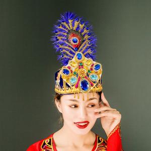 新疆帽女手工维吾尔族小花帽成人演出羽毛帽子少数民族舞蹈服头饰