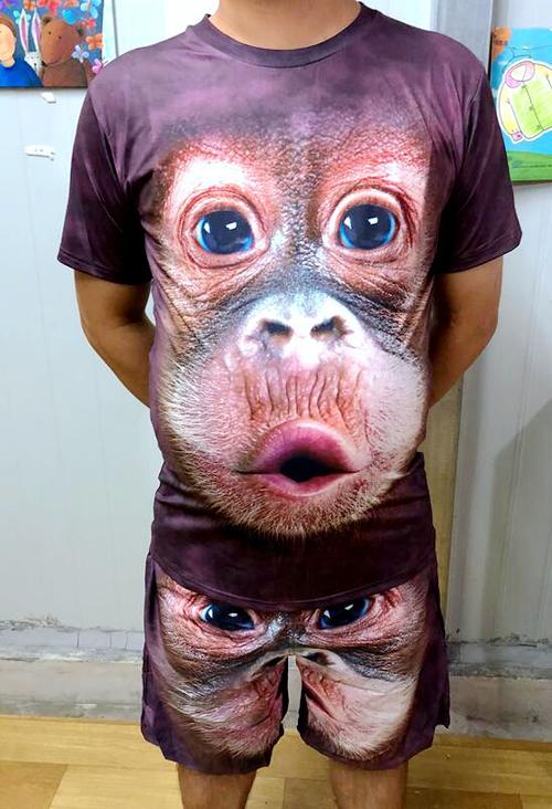短袖t恤运动套装男夏3d猴子印花搞笑大猩猩抖音同款半加大码衣服