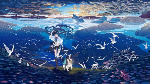 壁纸 初音未来,动漫女孩,狗,海鸥,海,鲸鱼 3840x2160 uhd 4k 高清壁纸