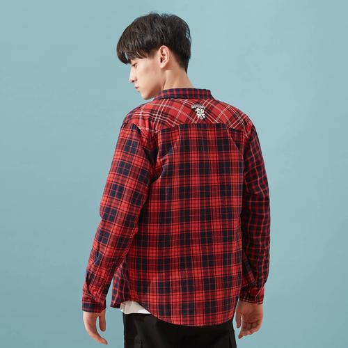 美特斯邦威男装2019春季新款红色格子衬衫青少年韩版潮男长袖衬衣
