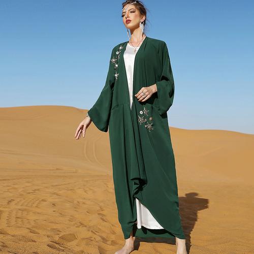 ba7019 墨绿色手工钉珠阿拉伯罩袍 中东女装 穆斯林 长款外搭
