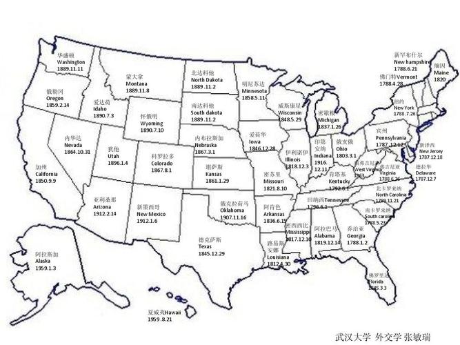 美国地图 标注各州并入时间 各州名称和首府
