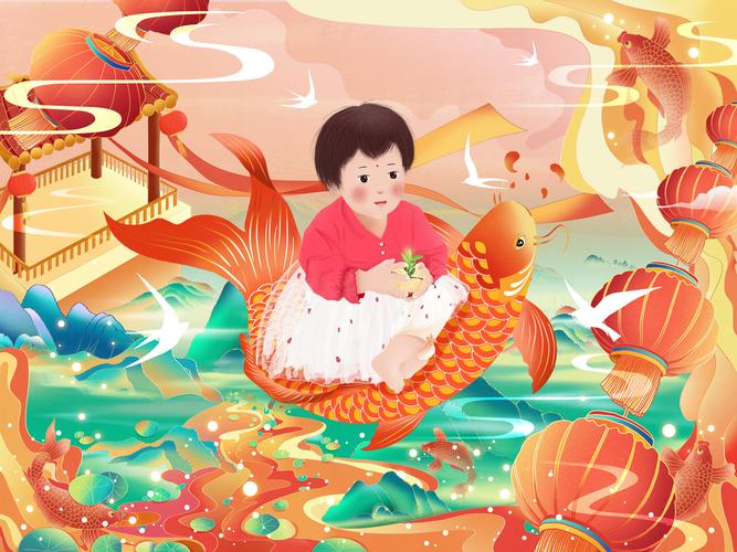 春节年画娃娃插画 鲤鱼上的小女孩