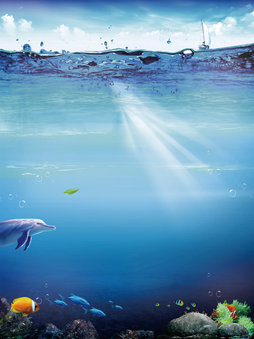 蓝天白云海水海底世界光芒鱼类背景素材