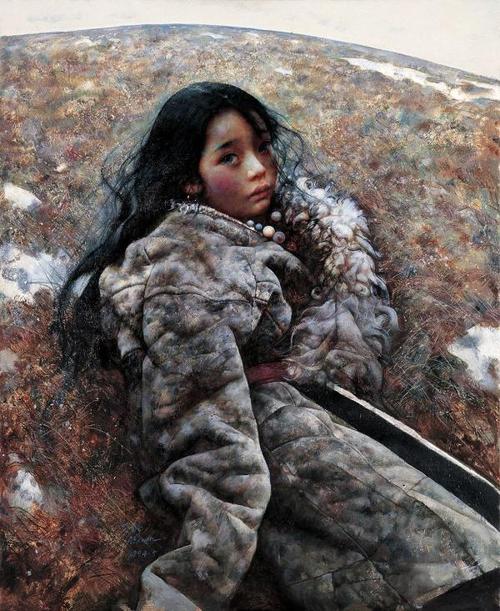 画家艾轩笔下的西藏女孩油画欣赏创意图库