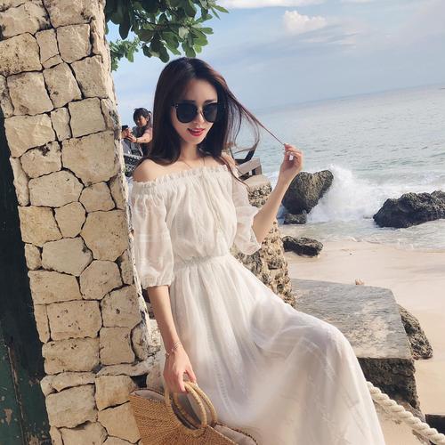 韩国白色一字肩连衣裙夏季仙女超仙甜美森系沙滩裙小香风气质裙子