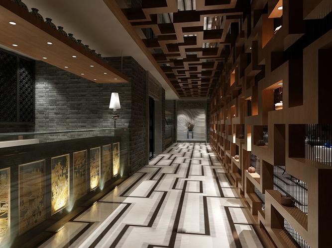 中式静谧风格餐饮空间走廊效果图设计