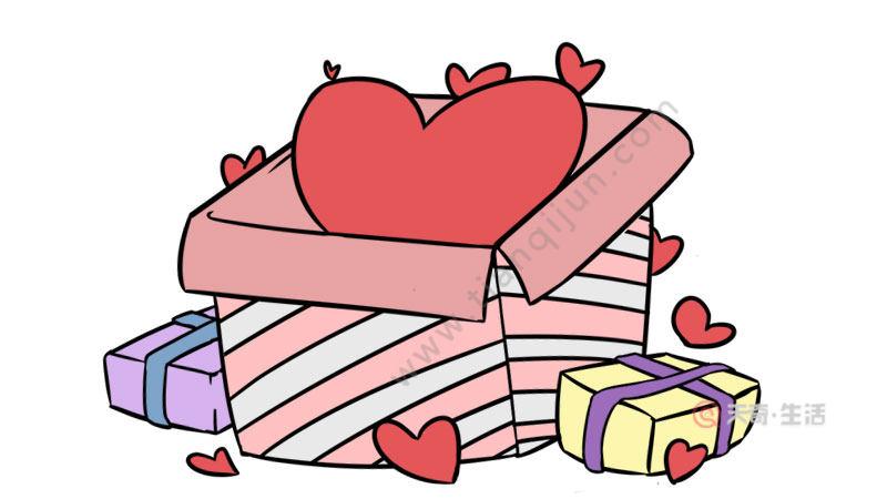 1,首先画出礼物盒的盒子口,接着在里面画一个爱心