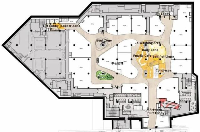 在这个综合购物中心,三层的"甜甜圈剧场",从一楼到地下室的滑梯连接