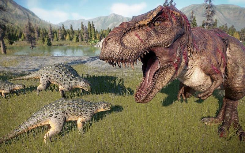 霸王龙&匹诺曹暴龙狩猎正在觅食的草食恐龙- 侏罗纪世界:进化2电影级