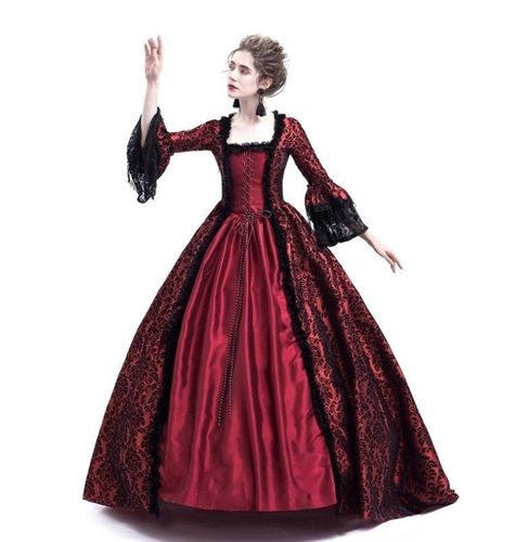 中世纪宫廷礼服蕾丝拼接高腰修身大摆长裙舞台剧表演cosplay