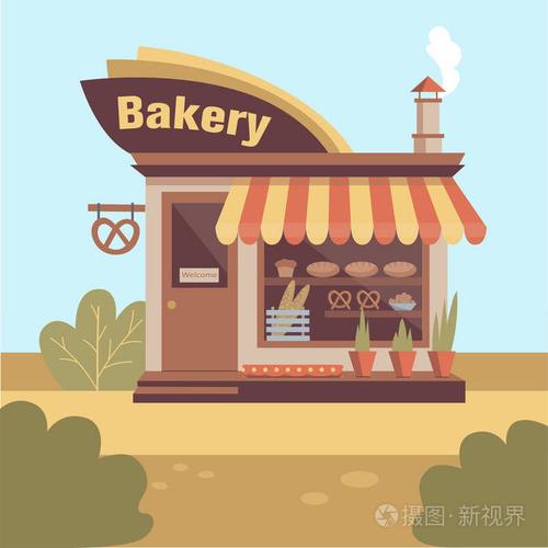 面包店大厦门面与招牌, 烟从烟囱和陈列充分的糕点和烘烤产品.
