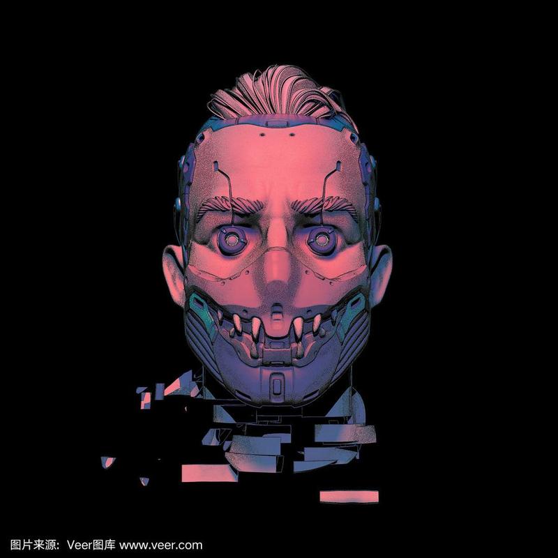 超现实数字插图的半机械人头在未来可怕的面具与牙齿.