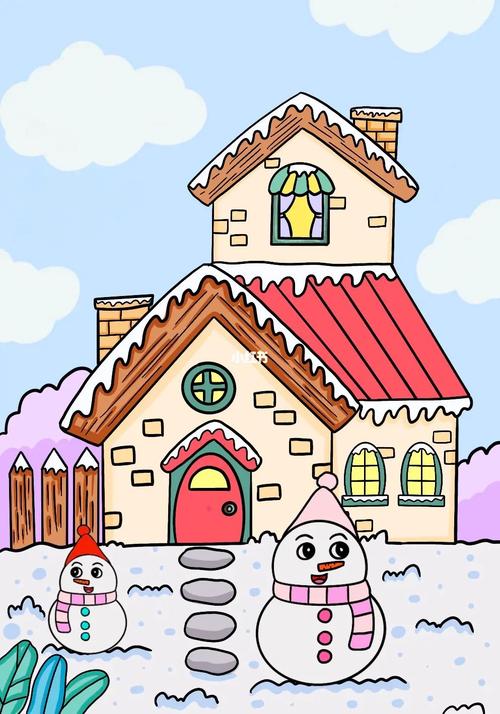 冬季房子儿童画雪人下雪堆雪人卡通画