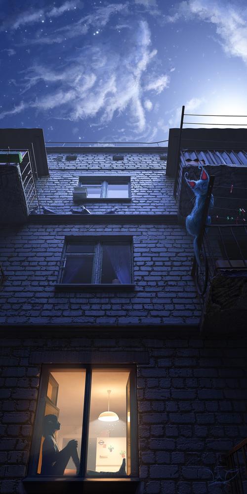 插图壁纸背景 侧面 猫 夜晚 灵异 建筑房屋窗户 灯光 孤独黑暗迷失