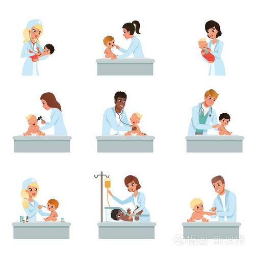 儿科医生做体检的小孩子设置, 男性和女性医生检查婴儿矢量插图