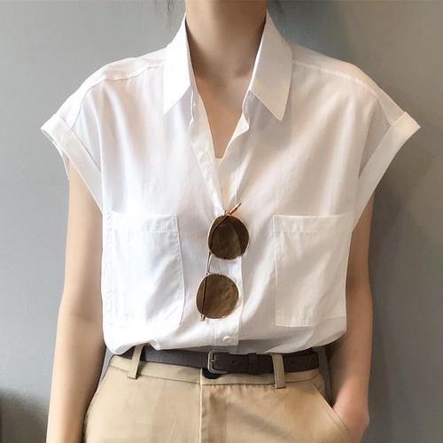 白色短袖衬衫女夏韩系薄设计小众衬衣宽松复古衬衫