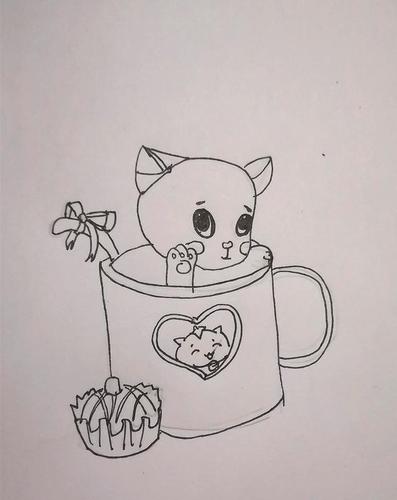 手绘黑白素描可爱萌萌哒的杯中猫,可爱又萌有学问的猫