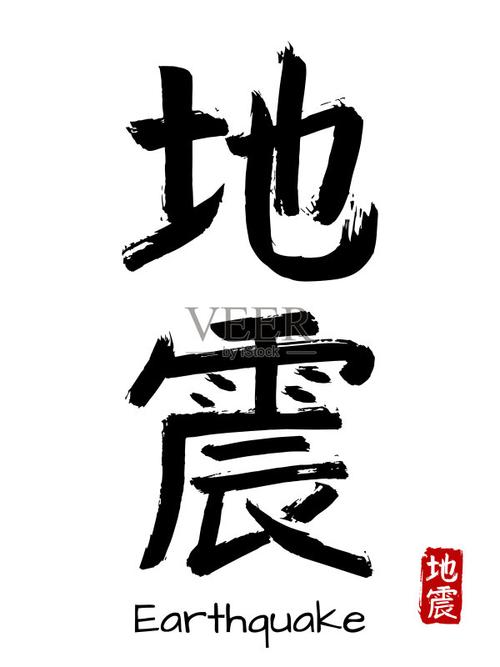 手绘的象形文字翻译地震.导航在白色背景的日本黑标志与文本.