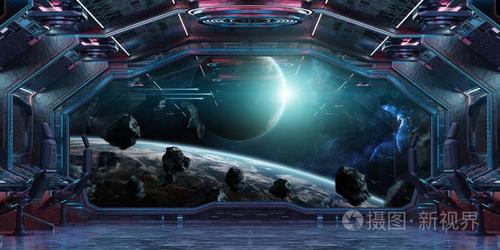 蓝色和粉红色宇宙飞船内部,可以看到遥远的行星系统,3d渲染元素,这幅