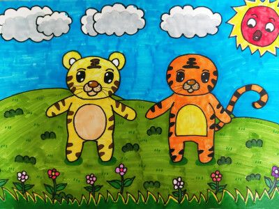 两只老虎儿童画范画