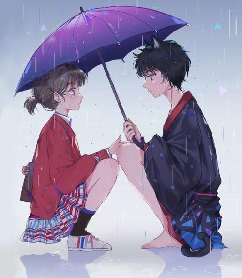 一个下雨天,带猫耳朵的男生给一个女生打红伞的动漫情侣头像