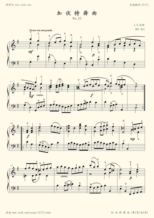 钢琴谱:加伏特舞曲(巴赫初级钢琴曲全集23)