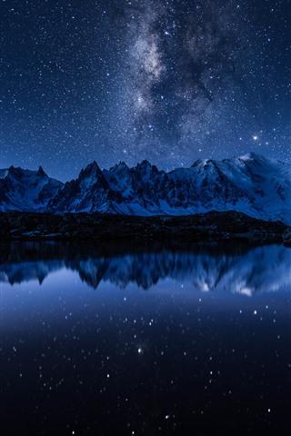 湖,水中的倒影,山,繁星点点,星星,夜晚 iphone 壁纸