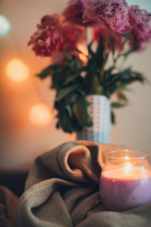 点燃的紫色蜡烛-光明,在室内,插花,散景,梅花,植物区系,模糊的背景,灯