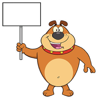快乐的棕色斗牛犬卡通吉祥物人物举着空白牌子