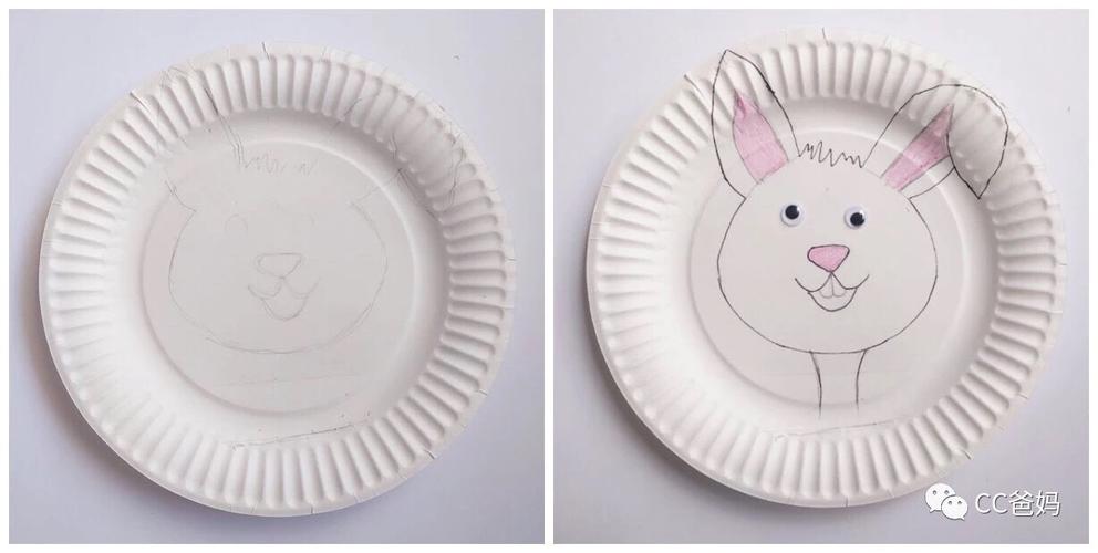 首先,在纸盘上绘制兔子脸部轮廓,贴上塑料眼睛,给兔子的耳朵和小鼻子