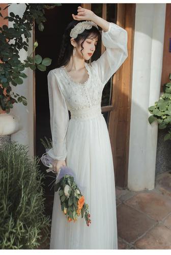 【高品质】【好质量】秋装2020新款法式复古宫廷风网纱白色连衣裙长袖