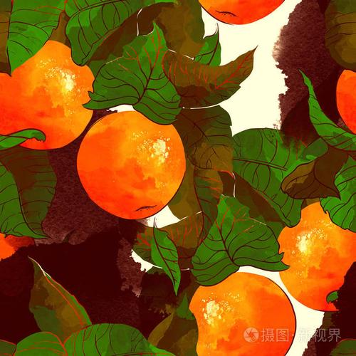 橘子树的果实和叶子重复无缝图案. 水彩和数字手绘图片.
