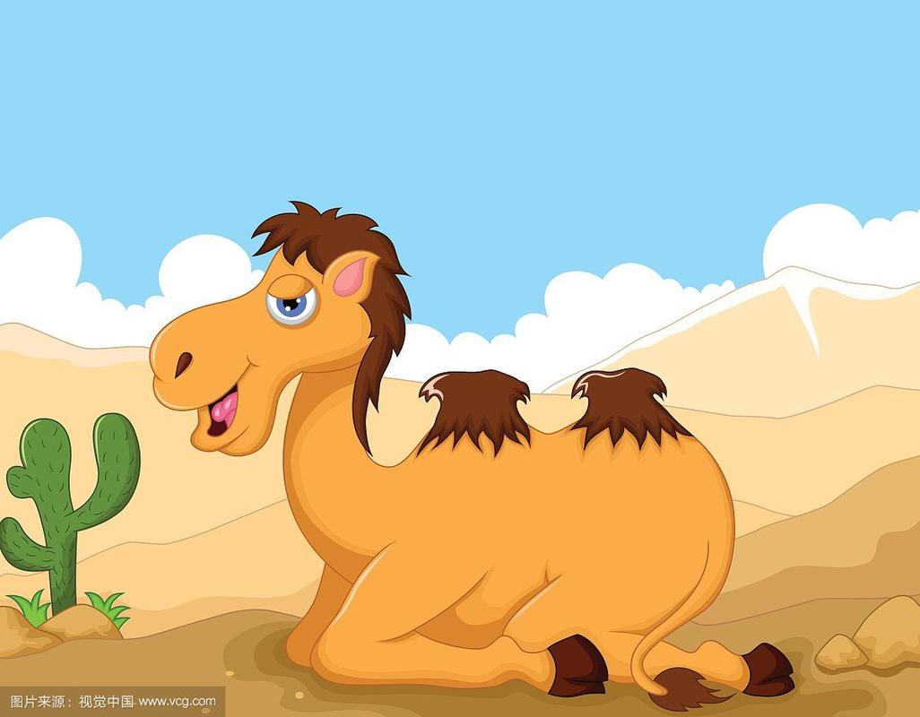 滑稽的骆驼卡通与沙漠景观背景