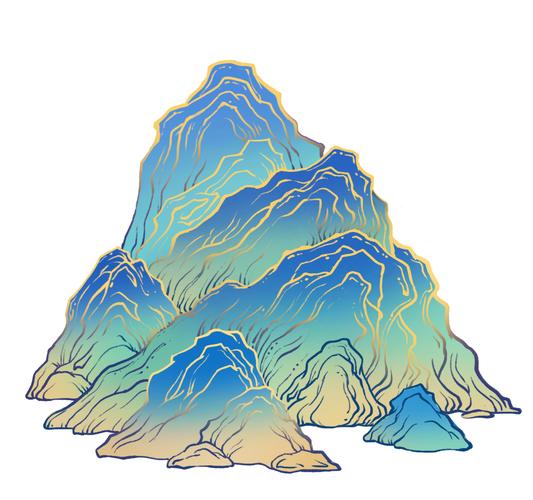 在山的上部分使用金黄的线条,与深蓝色的山体颜色有色相和明